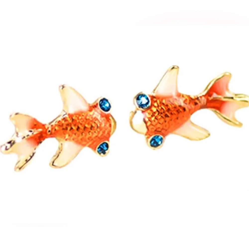 “Goldfish” Orange Scaly Blue-Eyed Rhinestone Fish Ocean Dainty Mini Cutesy Studs - Picture 9 of 10